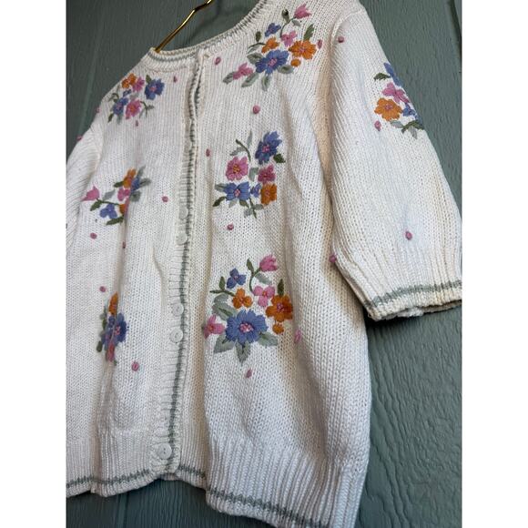 Vintage Floral Embroidered Knit Cardigan | Cottagecore | Pastel Flowers, LG - Picture 5 of 7